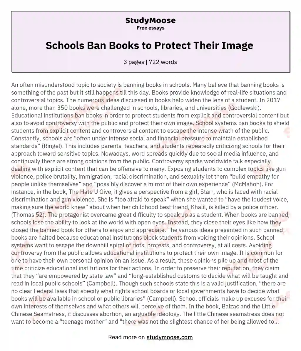 Schools Ban Books to Protect Their Image  essay