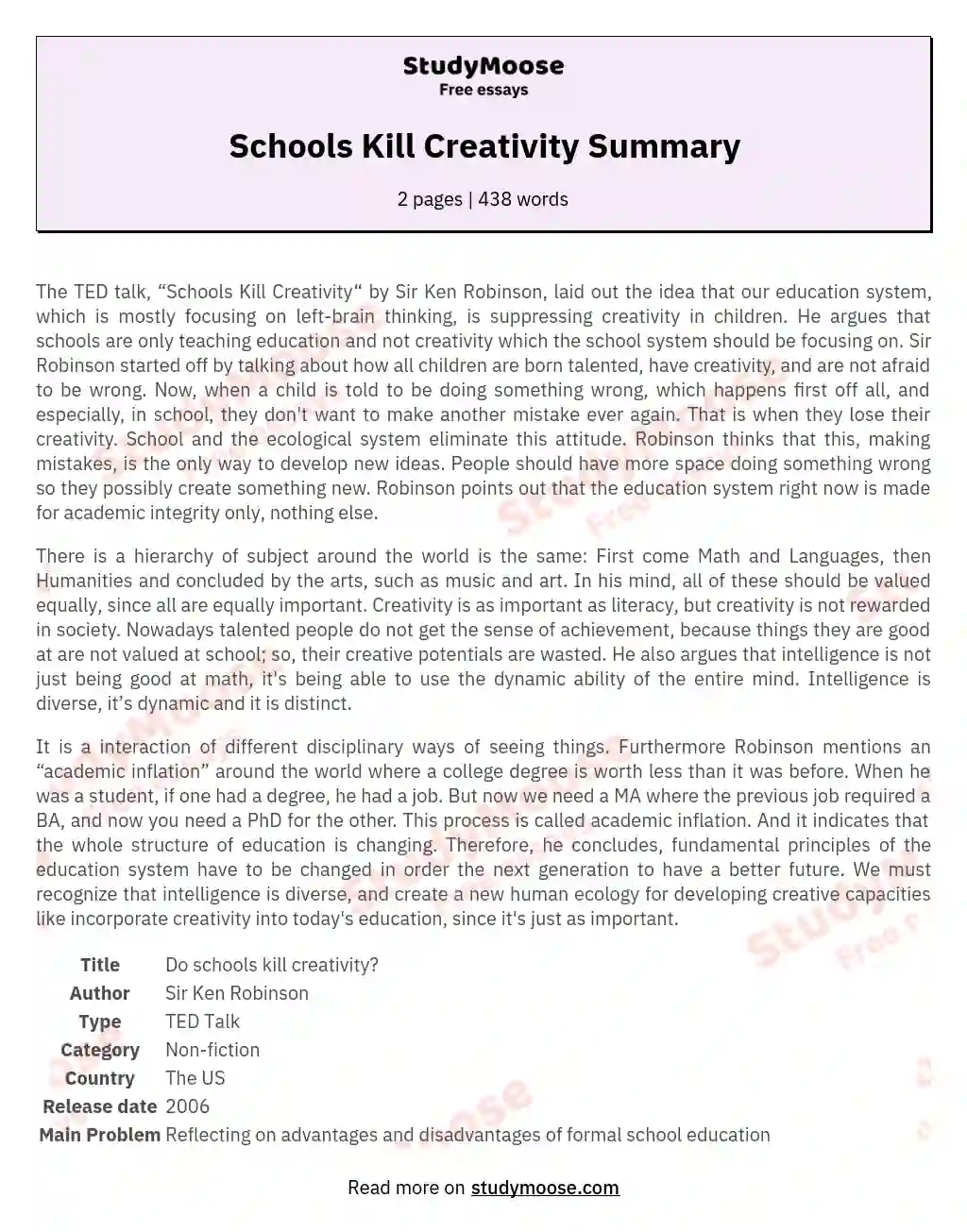 Schools Kill Creativity Summary essay