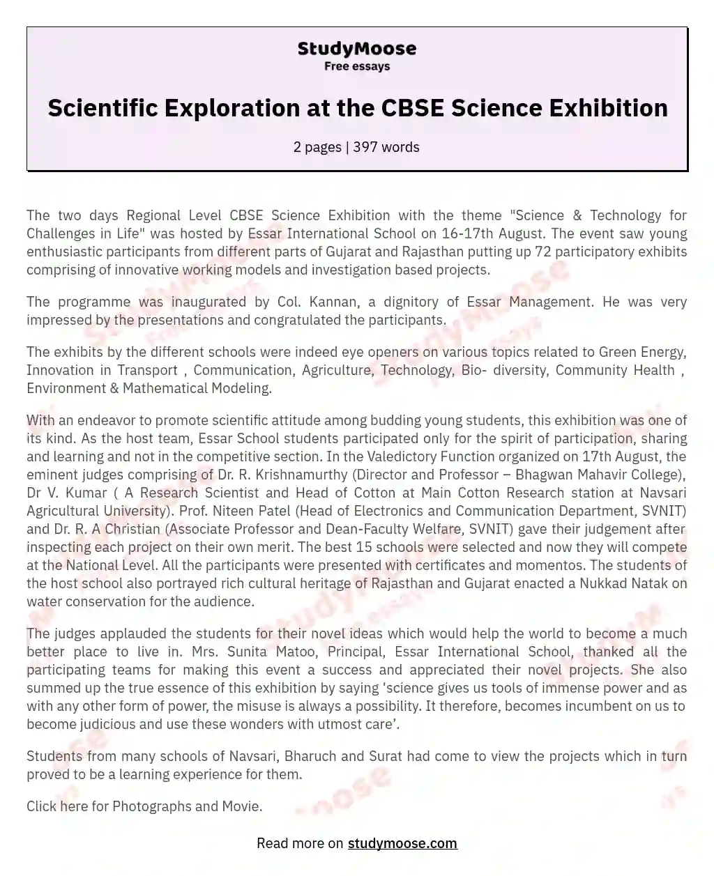 Scientific Exploration at the CBSE Science Exhibition essay