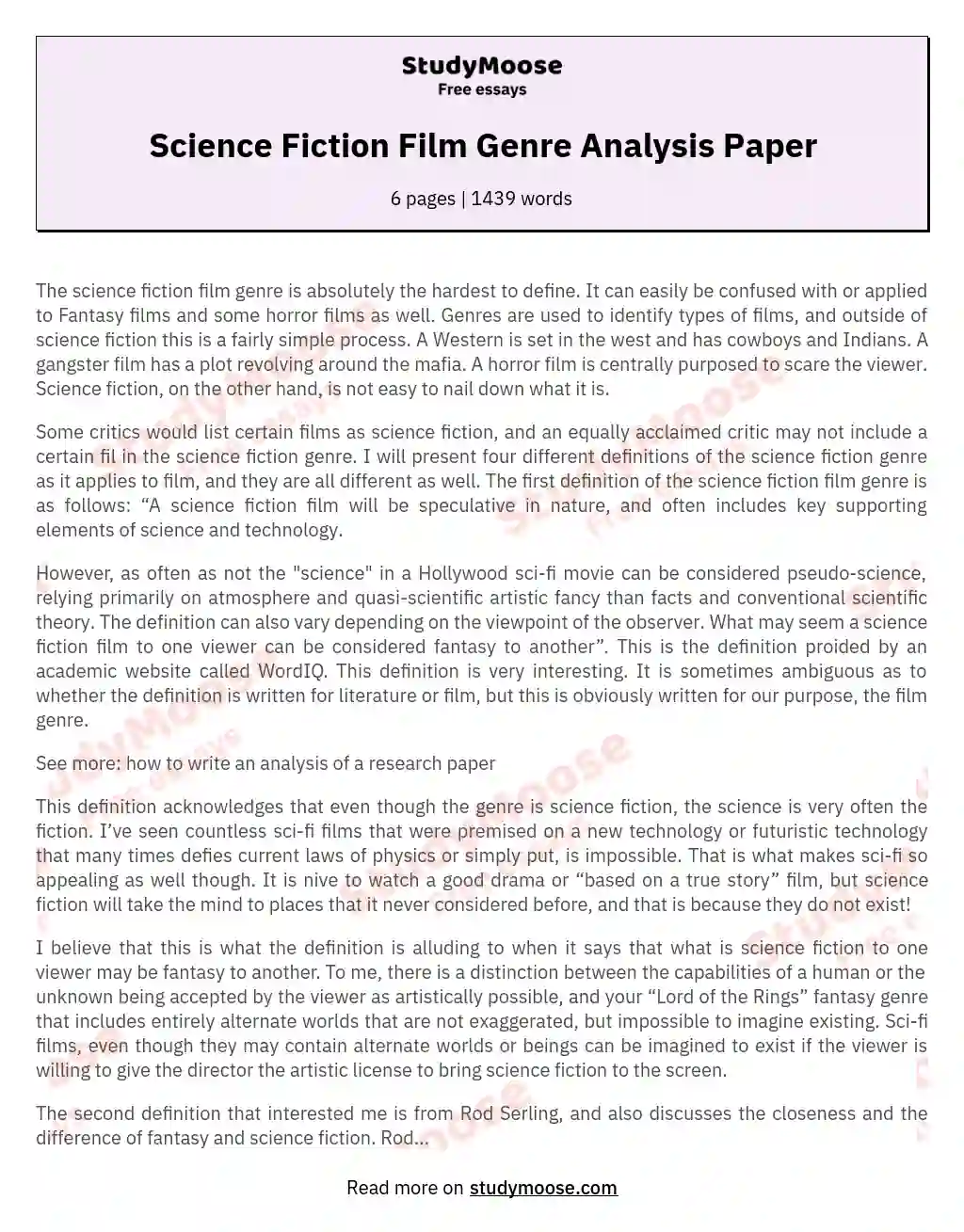 Science Fiction Film Genre Analysis Paper Free Essay Example