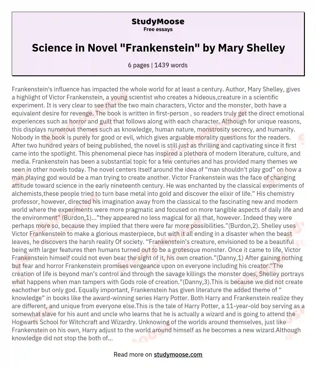 Science in Novel "Frankenstein" by Mary Shelley essay
