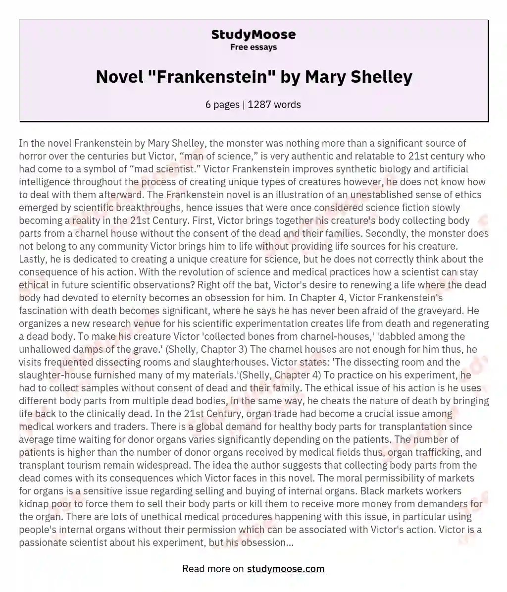 Novel "Frankenstein" by Mary Shelley essay
