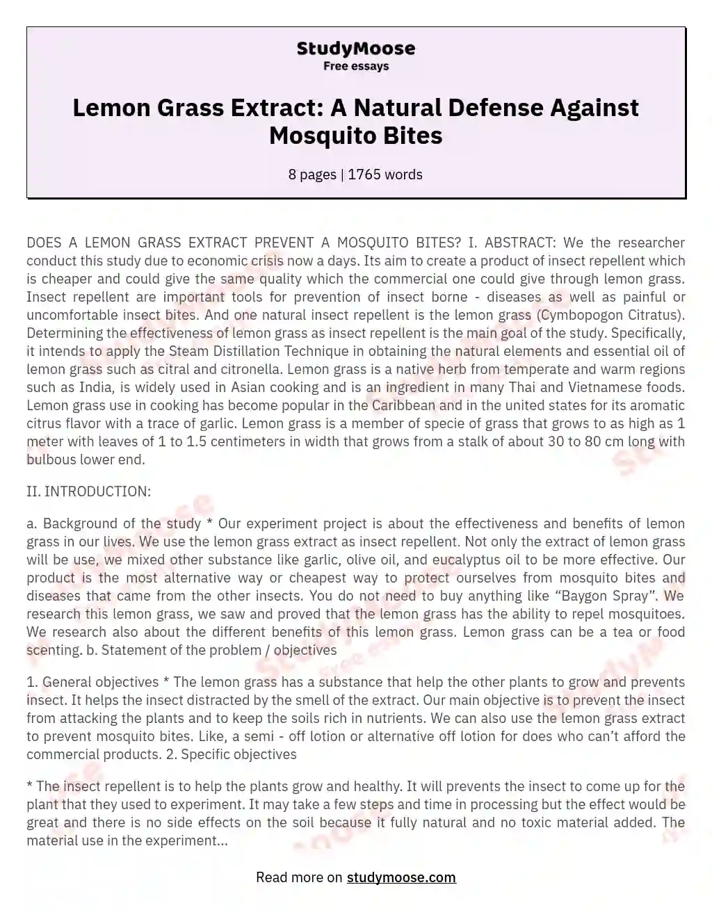 Lemon Grass Extract: A Natural Defense Against Mosquito Bites essay