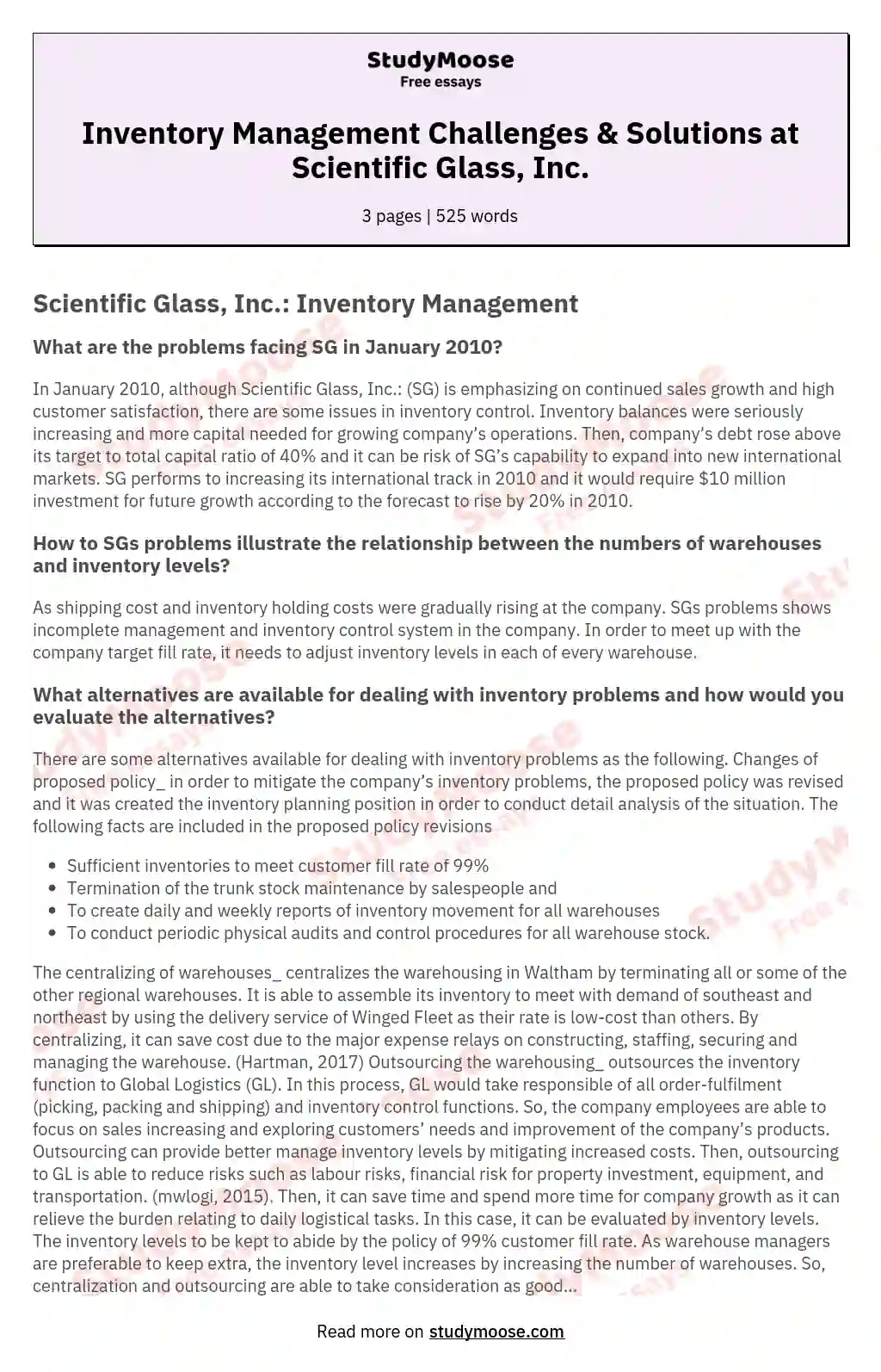 Inventory Management Challenges & Solutions at Scientific Glass, Inc. essay