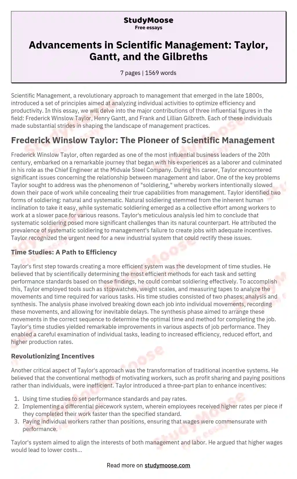 Advancements in Scientific Management: Taylor, Gantt, and the Gilbreths essay