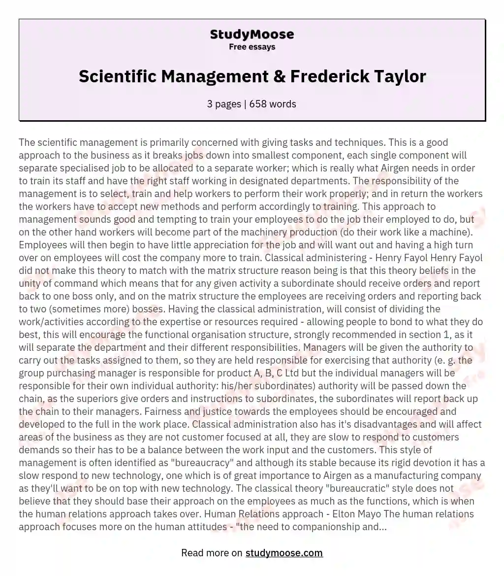 Scientific Management &amp; Frederick Taylor essay