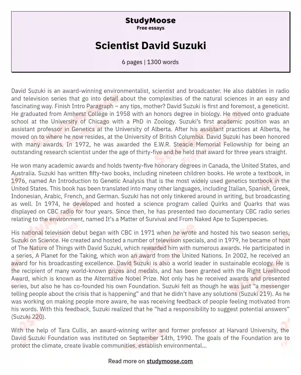 David Suzuki: A Pioneer in Environmental Advocacy essay