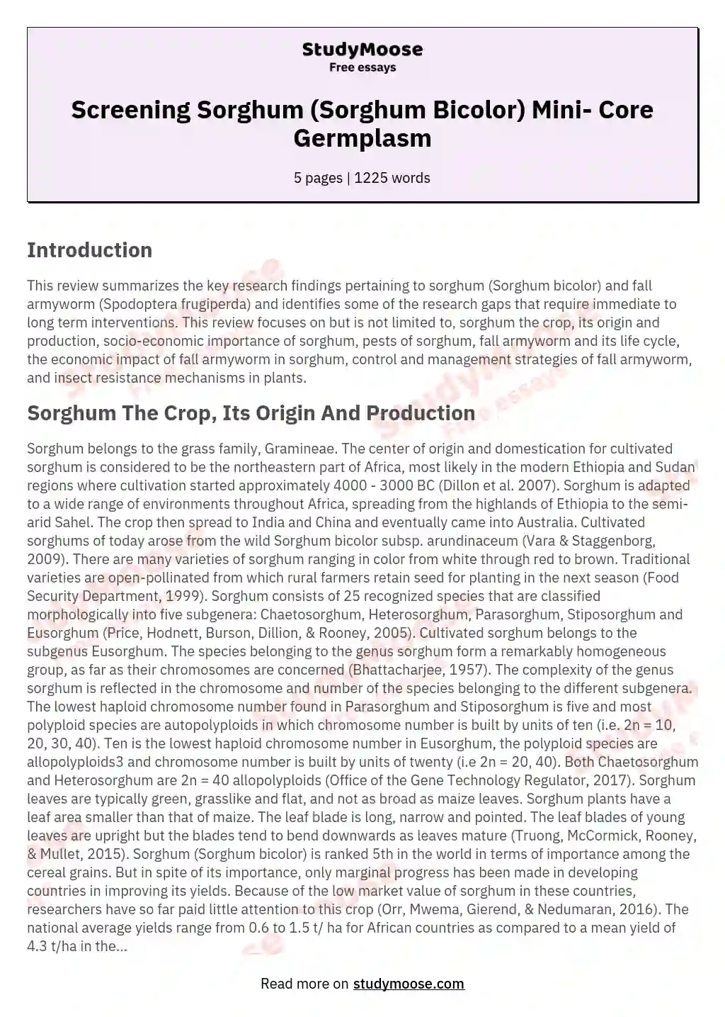 Screening Sorghum (Sorghum Bicolor) Mini- Core Germplasm essay