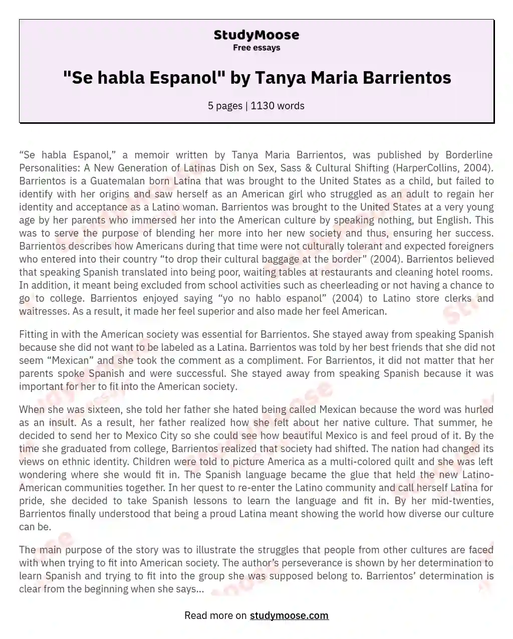 "Se habla Espanol" by Tanya Maria Barrientos essay