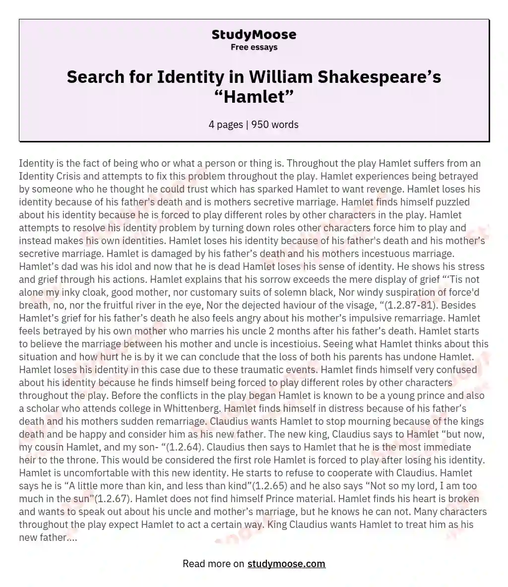 Search for Identity in William Shakespeare’s “Hamlet” essay