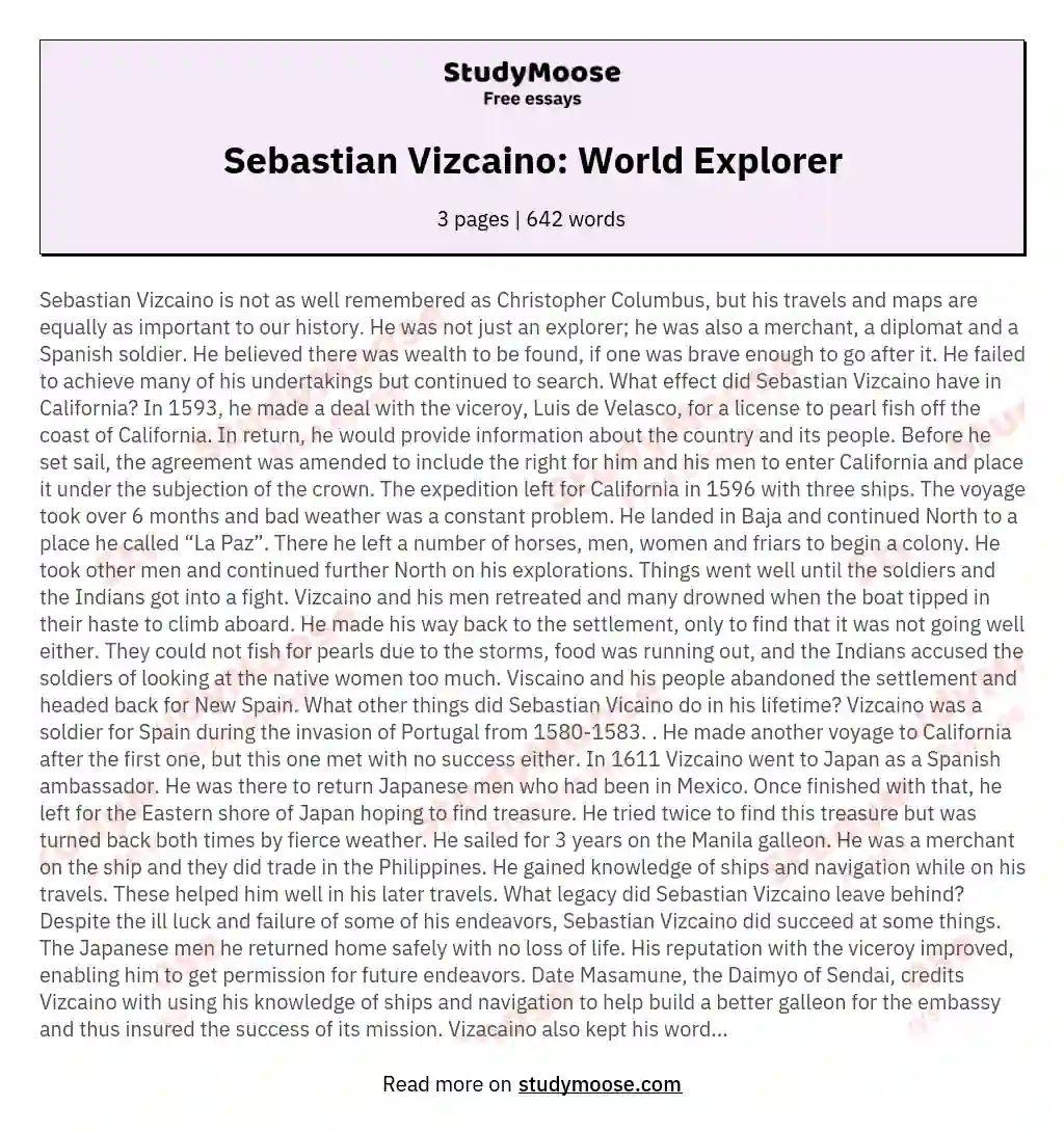 Sebastian Vizcaino: World Explorer essay