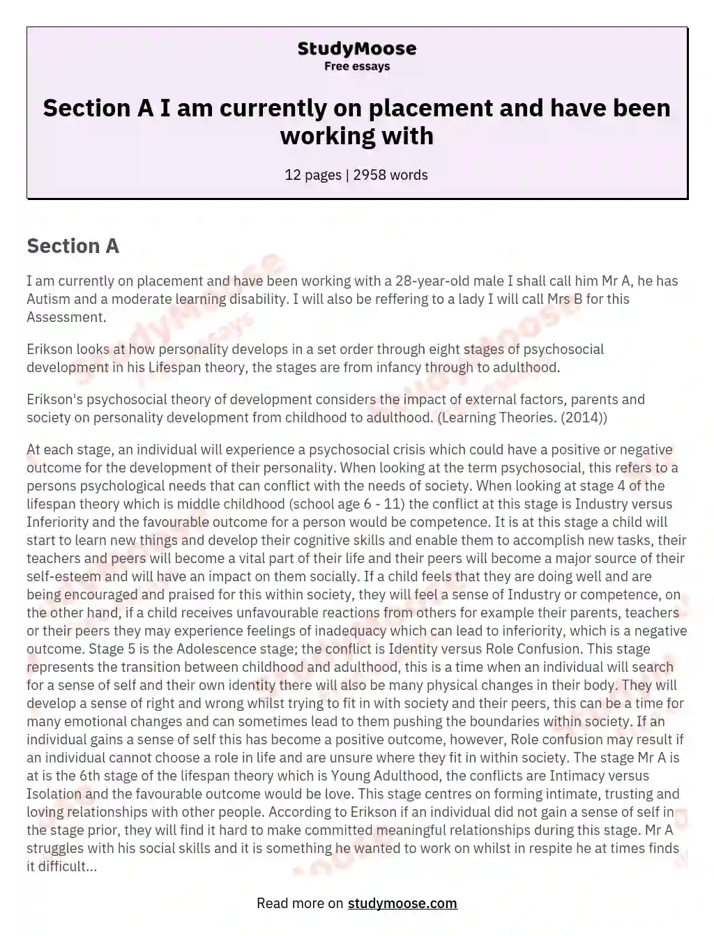 Section A I am currently on placement and have been working with essay