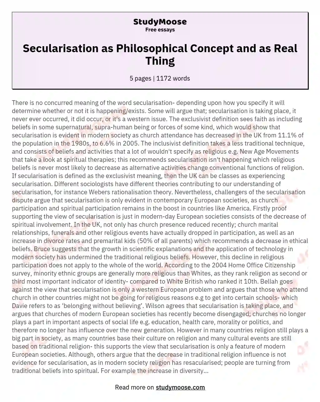 Secularisation as Philosophical Concept and as Real Thing