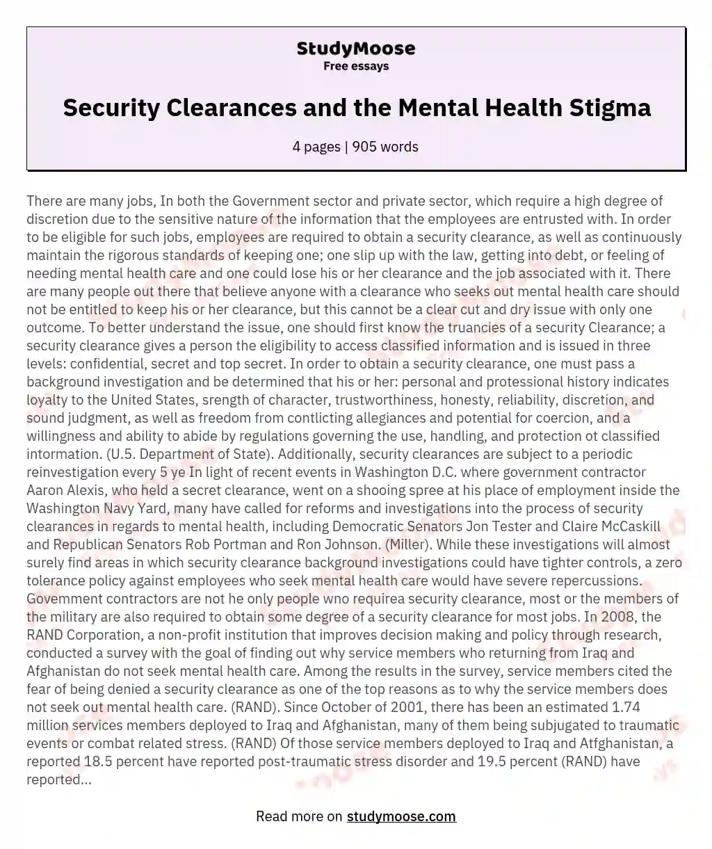 Security Clearances and the Mental Health Stigma essay