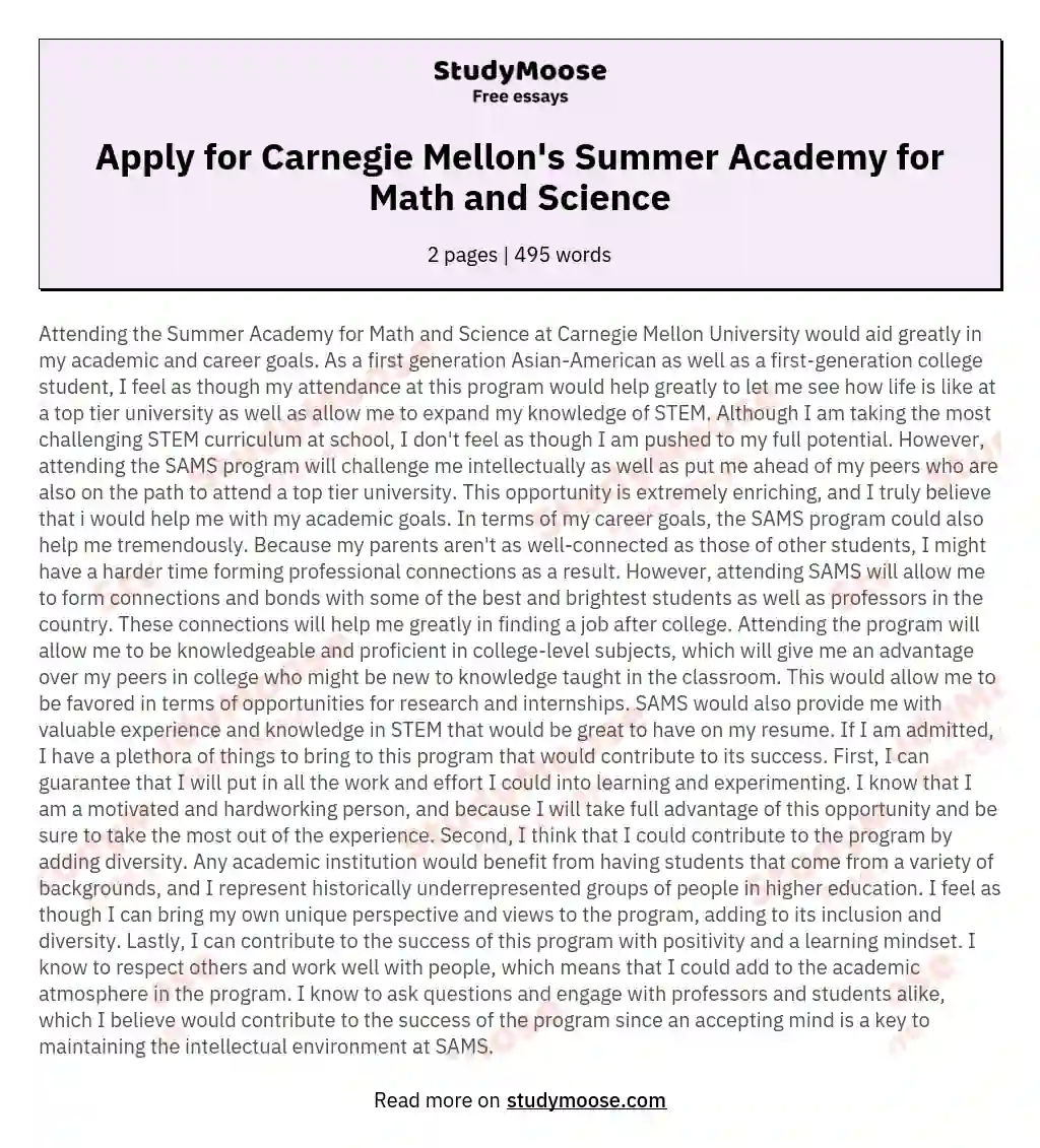 Apply for Carnegie Mellon's Summer Academy for Math and Science essay