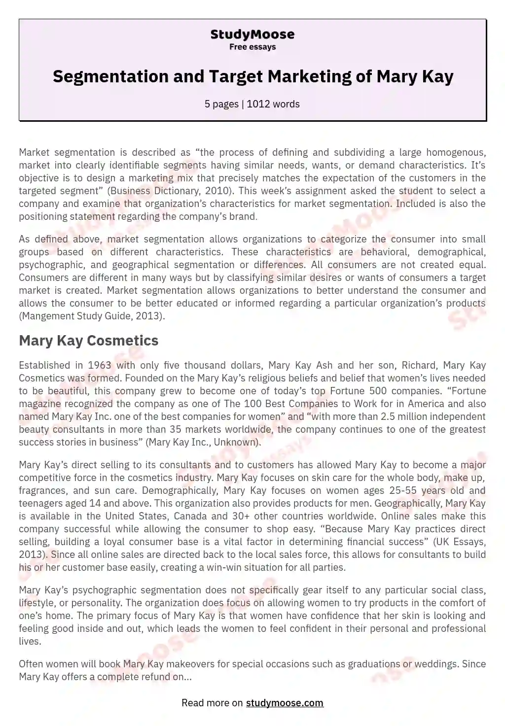 Segmentation and Target Marketing of Mary Kay essay