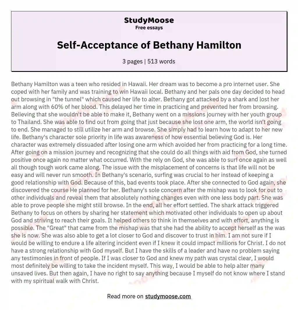 Self-Acceptance of Bethany Hamilton essay