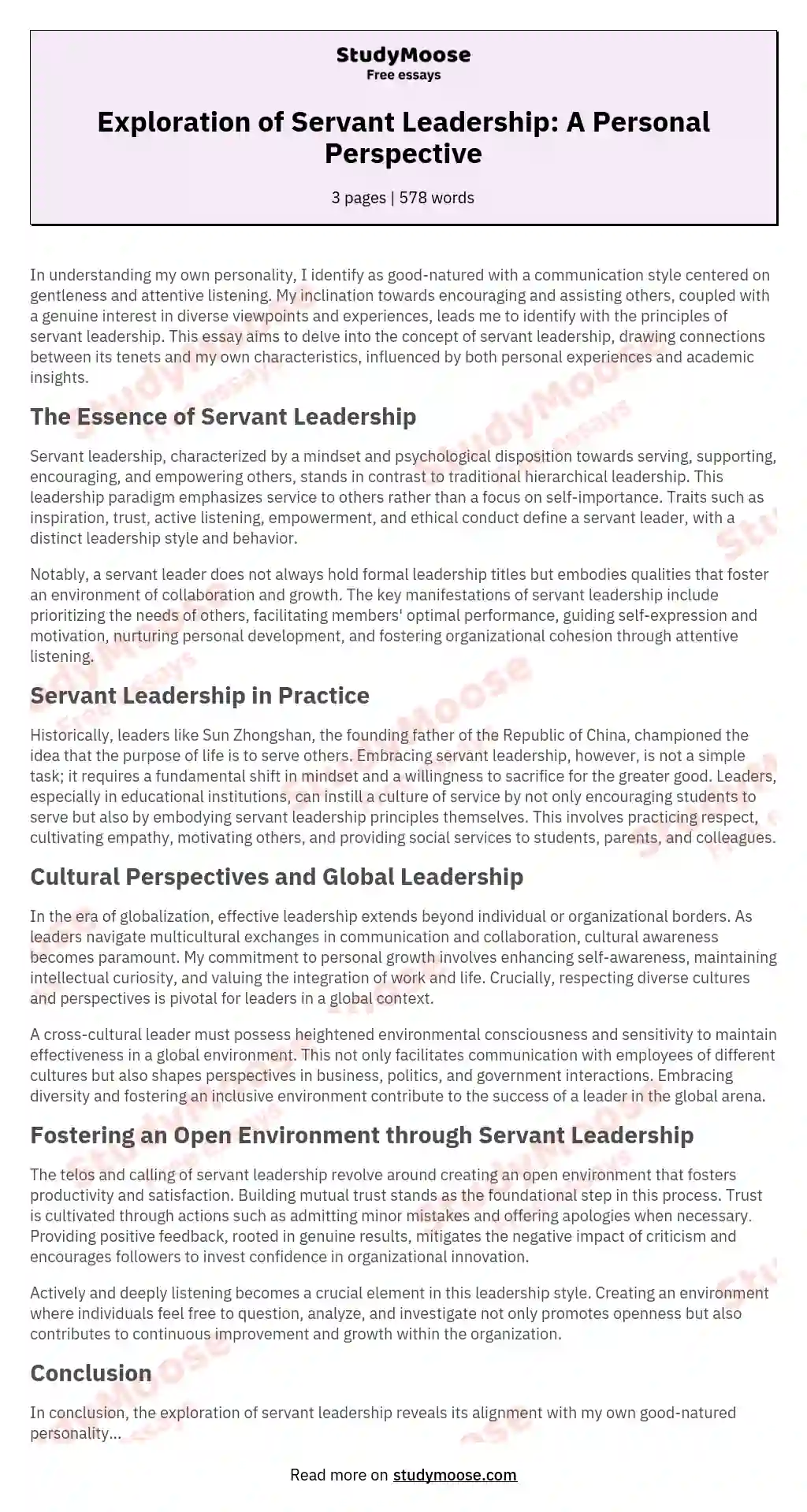 Exploration of Servant Leadership: A Personal Perspective essay