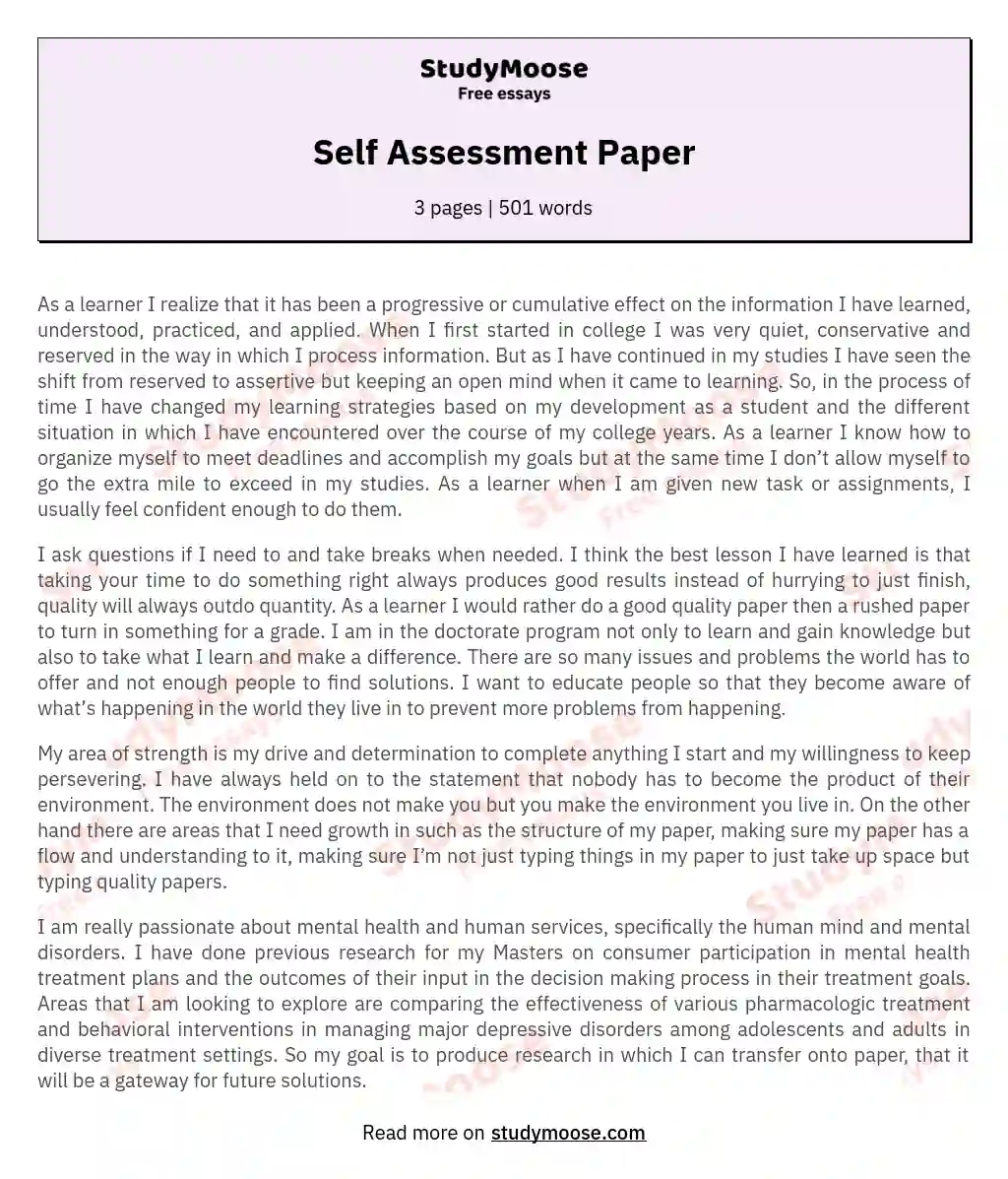 Self Assessment Paper essay