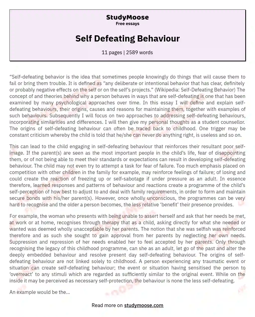 Self Defeating Behaviour essay