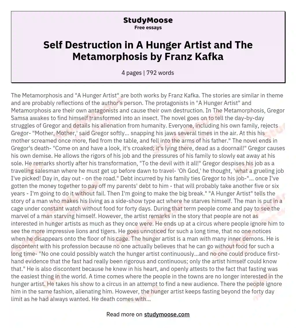 Self Destruction in A Hunger Artist and The Metamorphosis by Franz Kafka essay