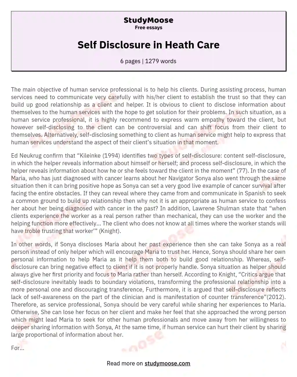 Self Disclosure in Heath Care