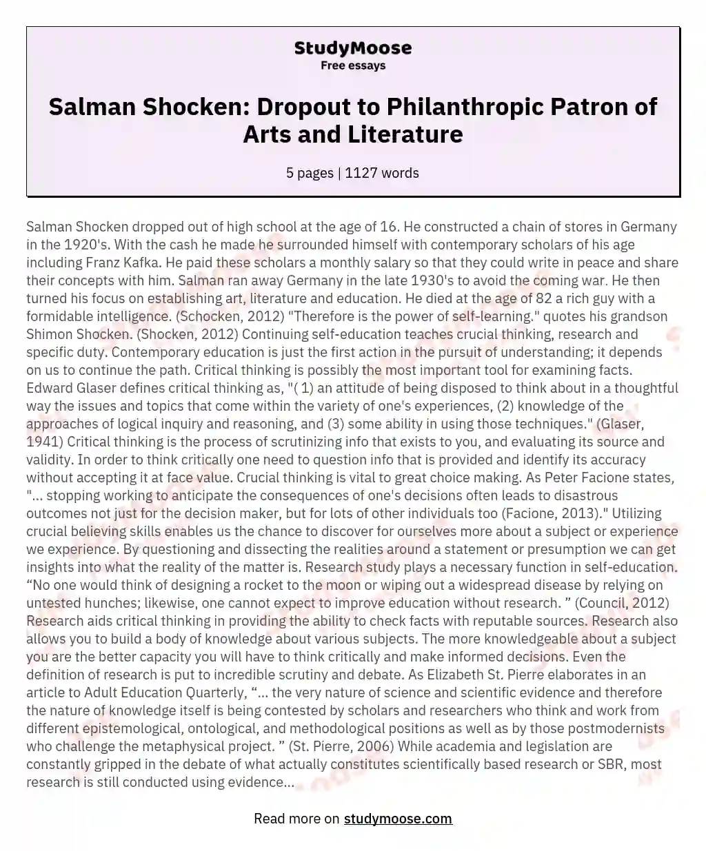 Salman Shocken: Dropout to Philanthropic Patron of Arts and Literature essay