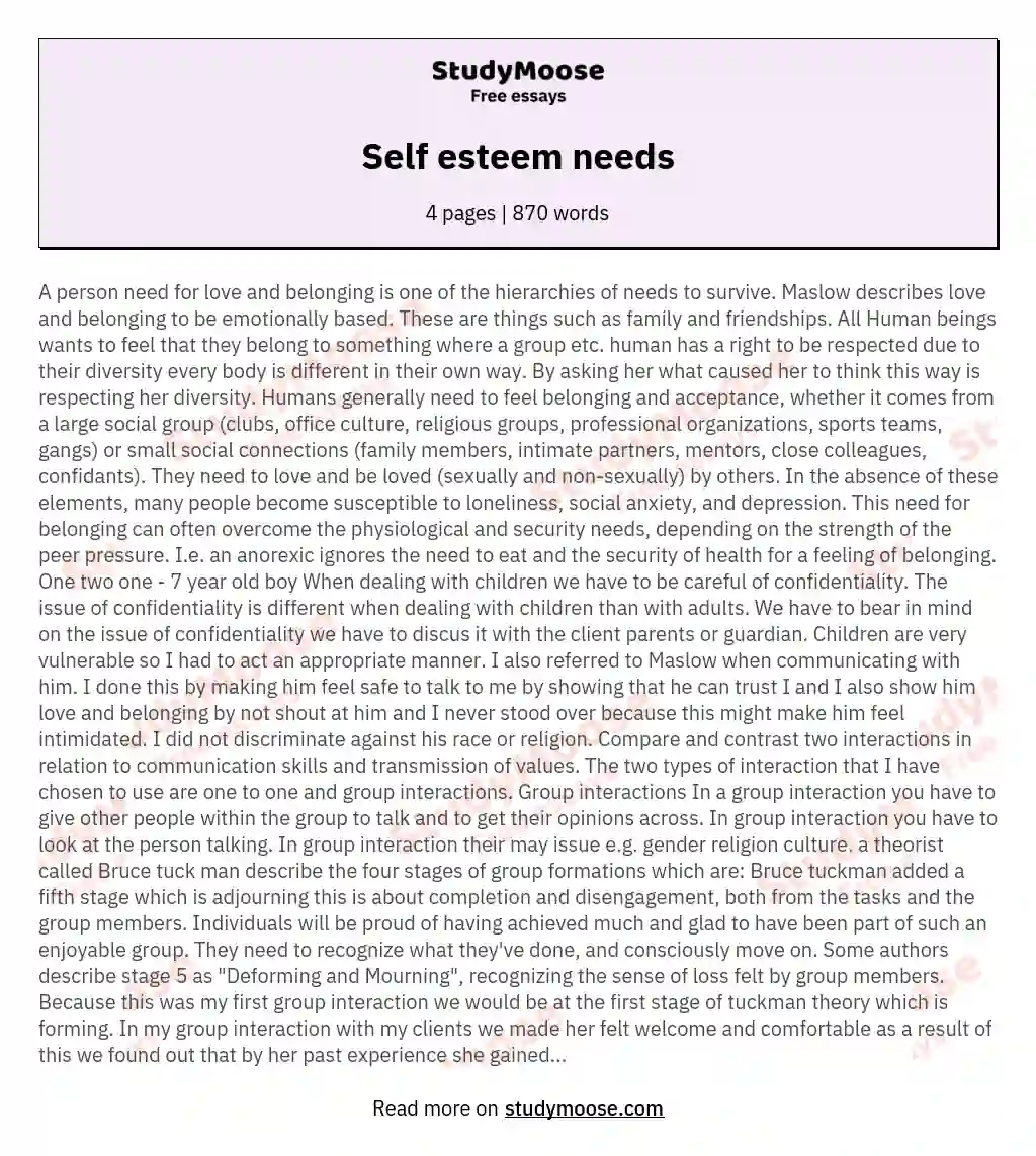 Self esteem needs essay