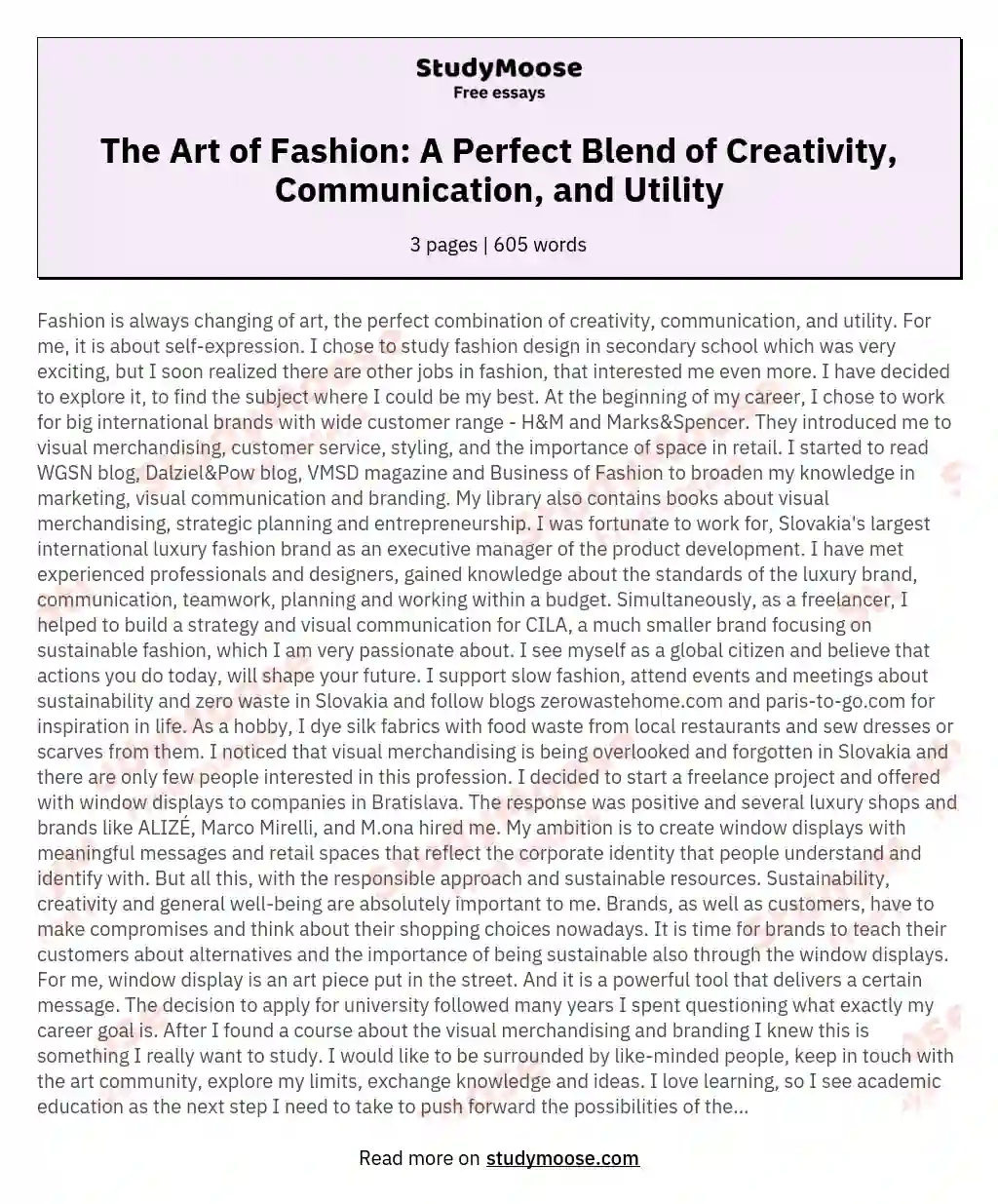 The Art of Fashion: A Perfect Blend of Creativity, Communication, and Utility essay