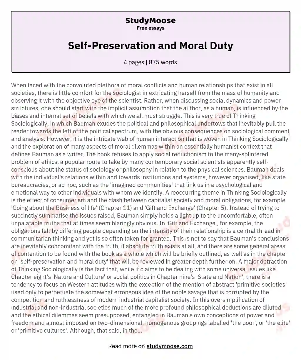 Self-Preservation and Moral Duty essay
