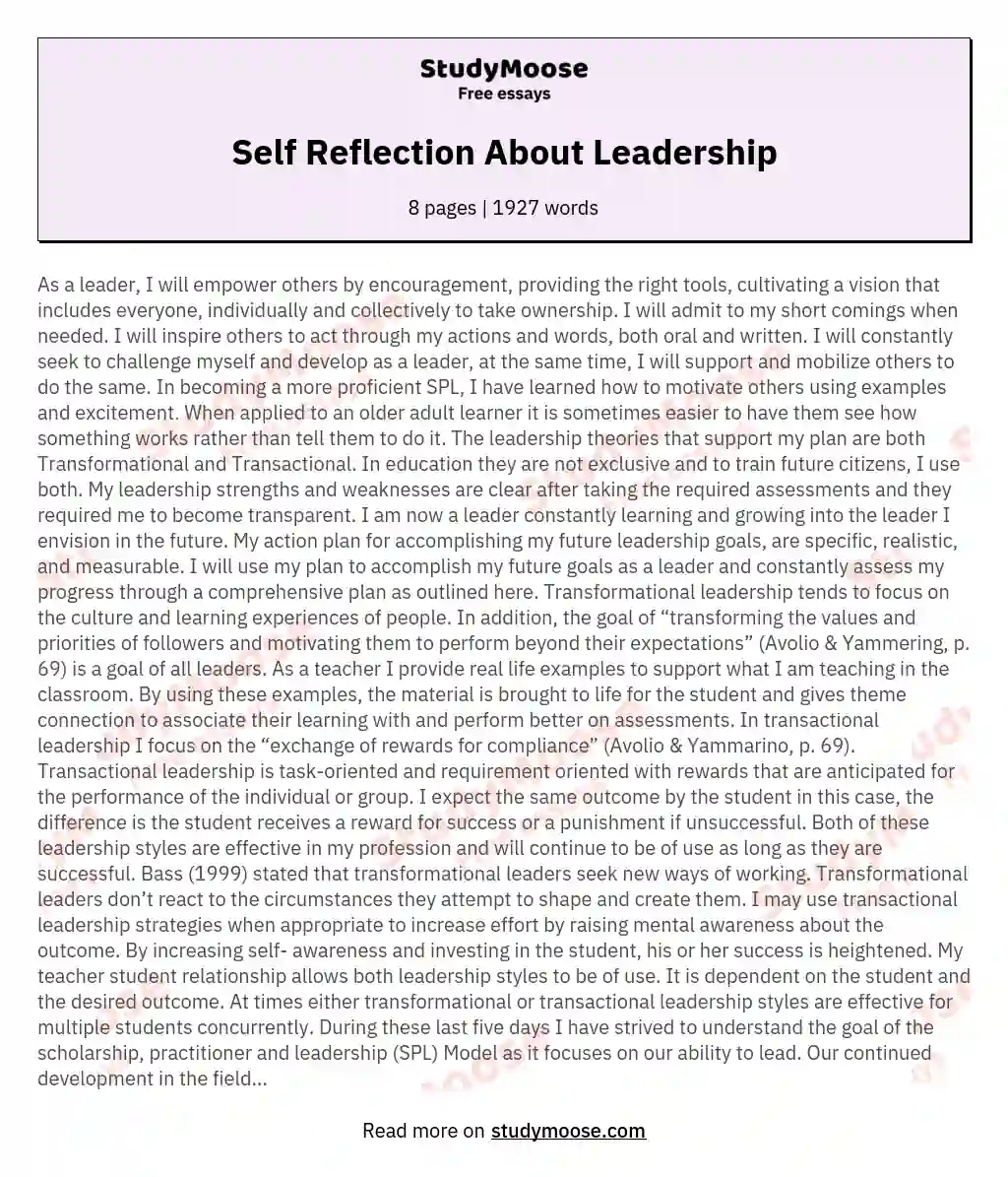 Self Reflection About Leadership essay