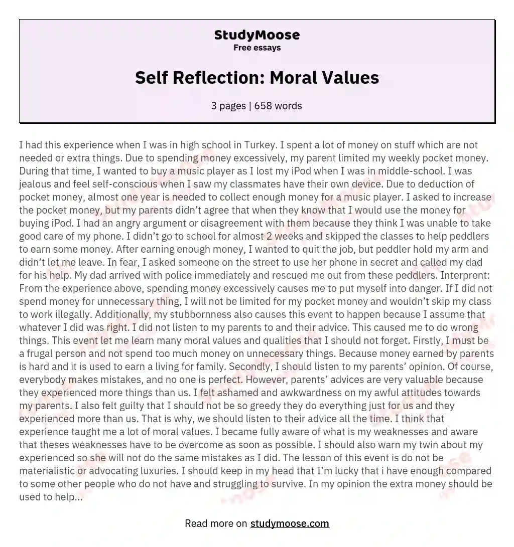 Self Reflection: Moral Values essay