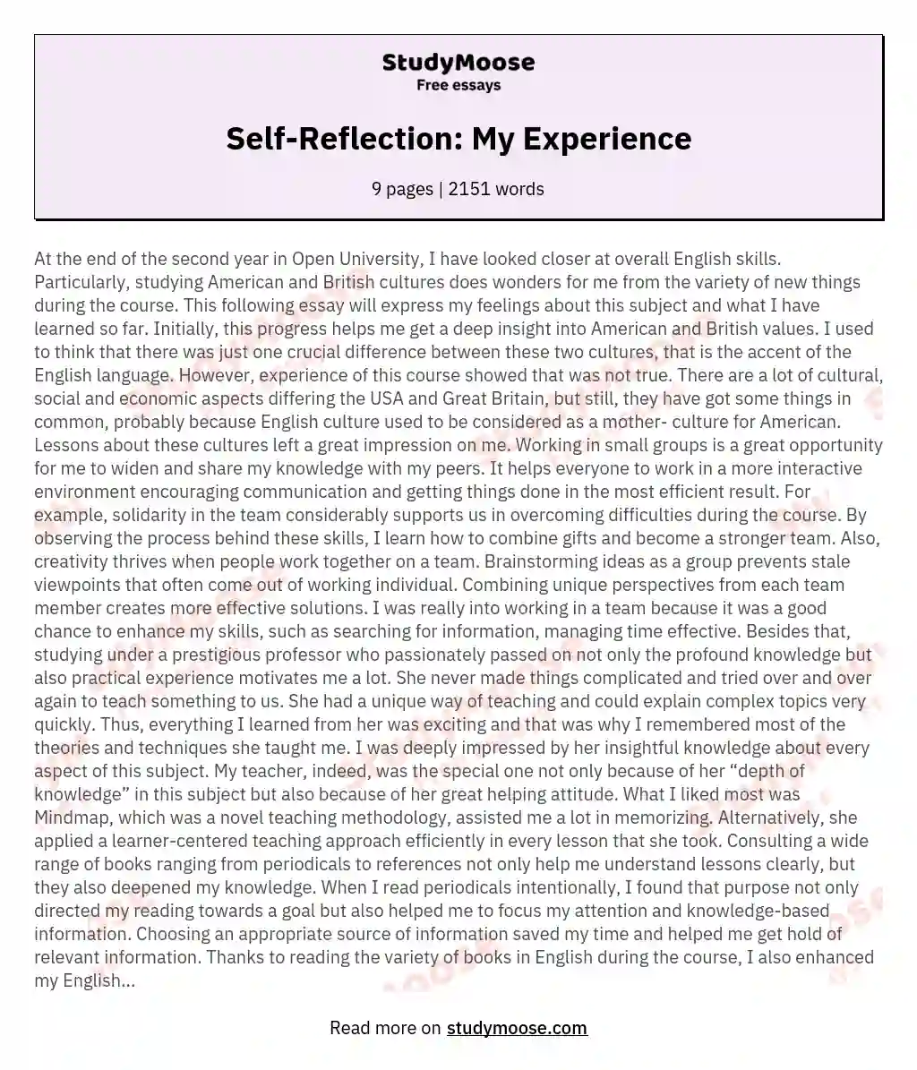 Self-Reflection: My Experience essay