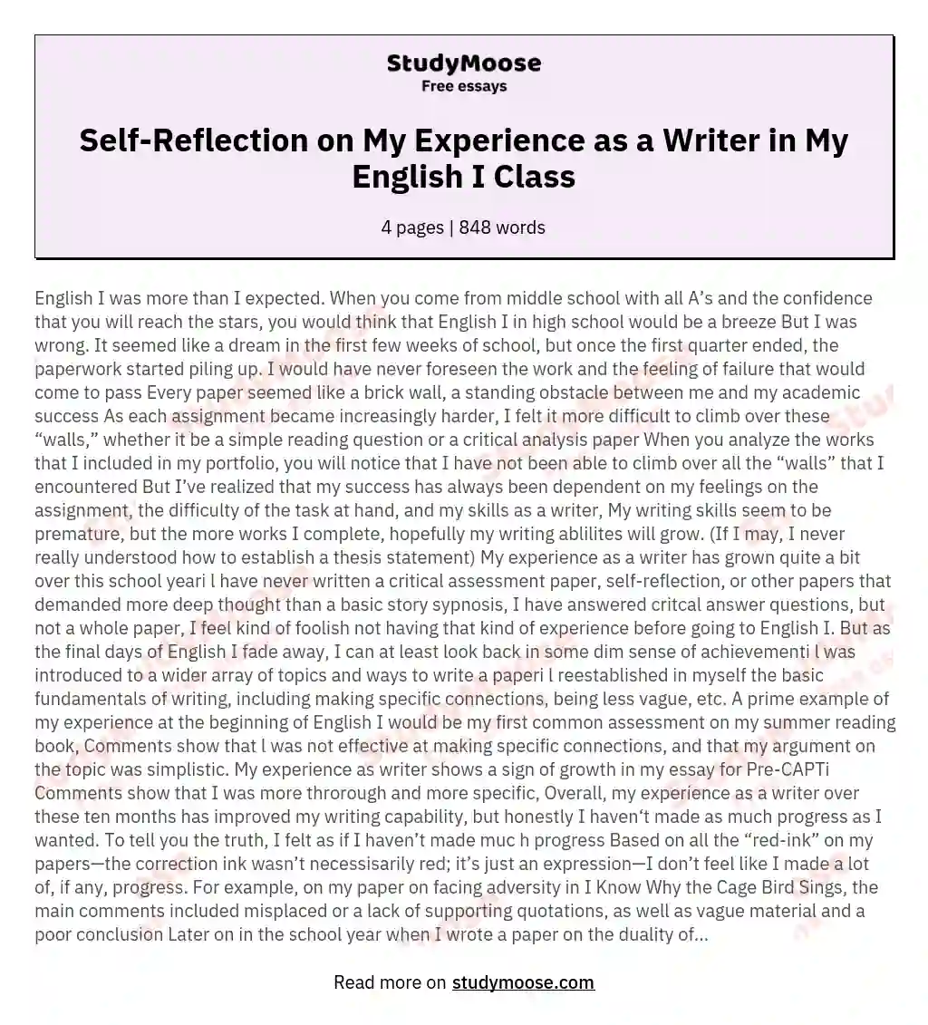 Self-Reflection on My Experience as a Writer in My English I Class essay