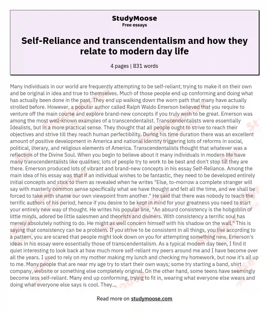 Self-Reliance and transcendentalism and how they relate to modern day life essay