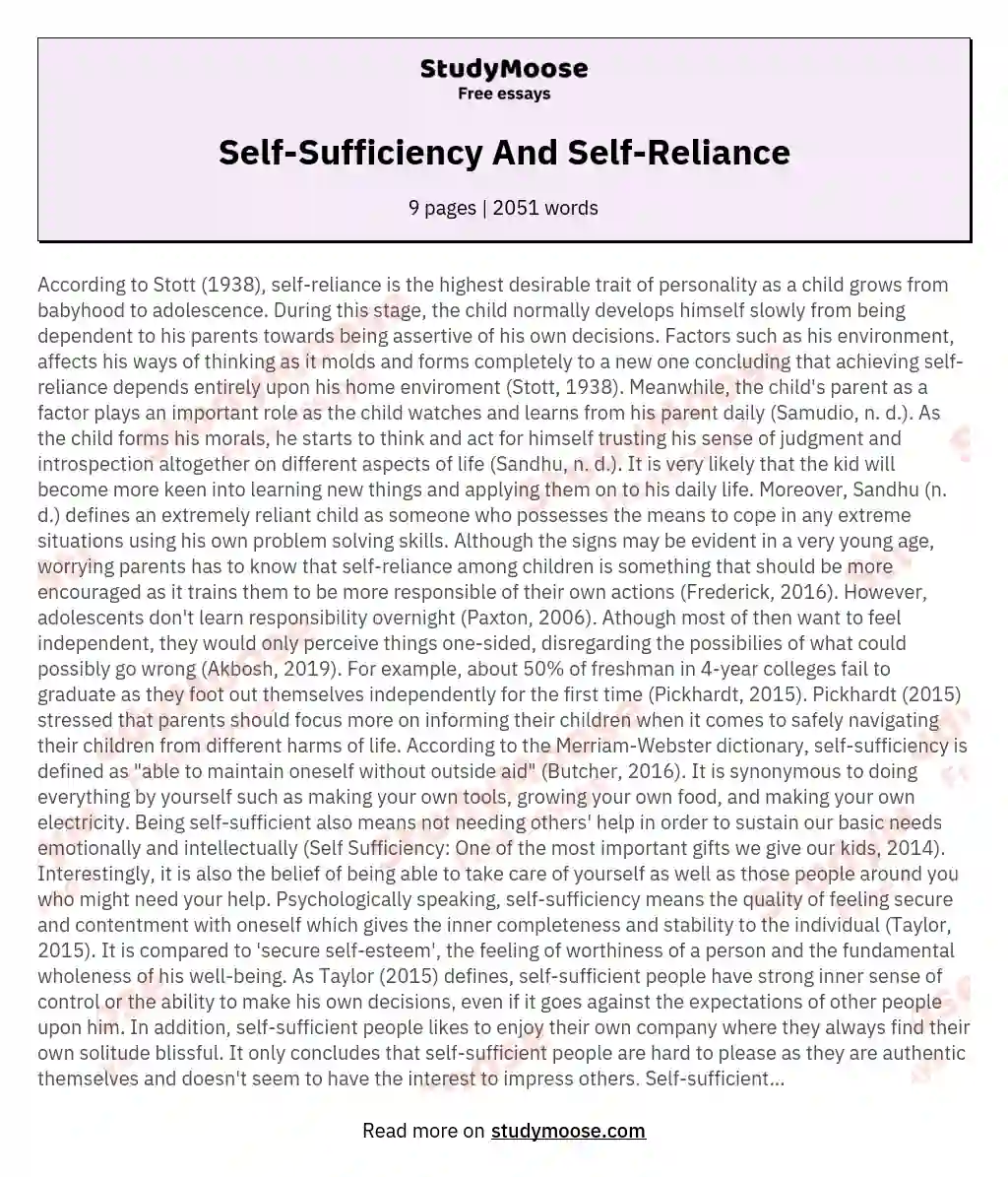 Self-Sufficiency And Self-Reliance essay