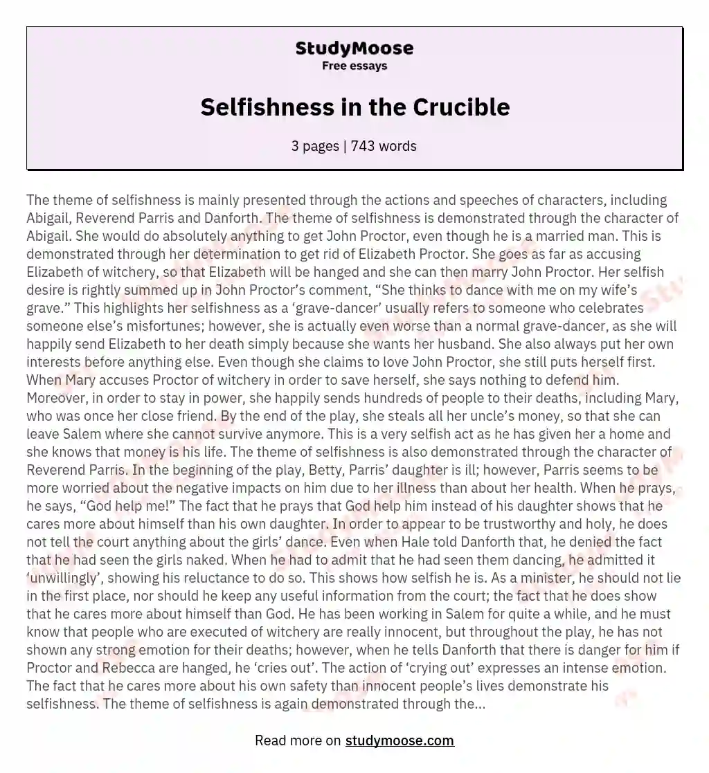 Selfishness in the Crucible essay