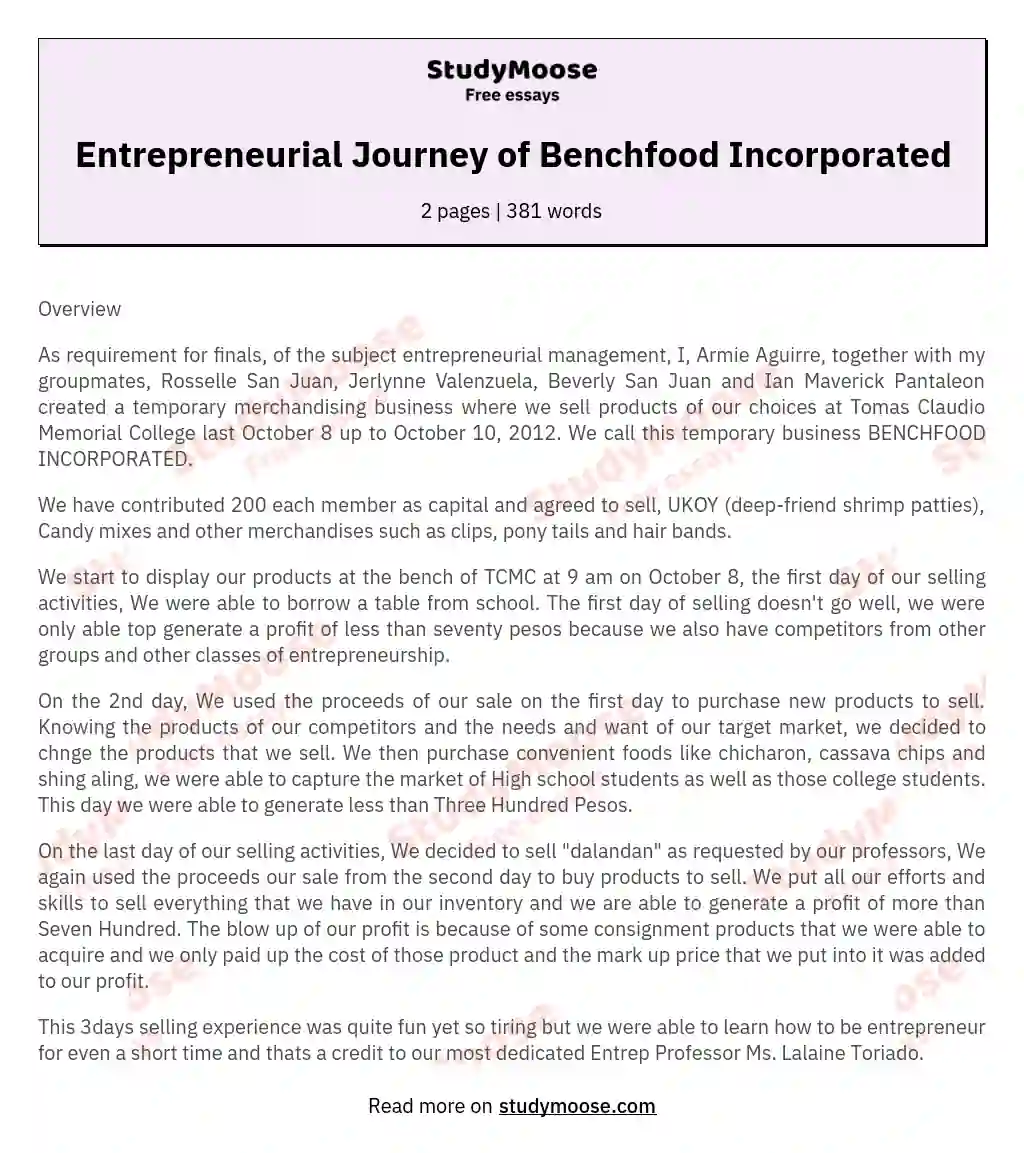 Entrepreneurial Journey of Benchfood Incorporated essay