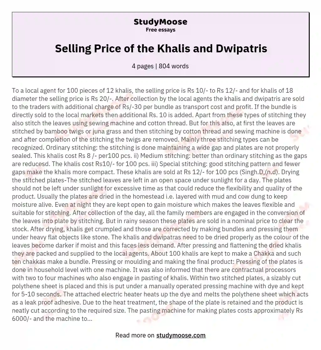 Selling Price of the Khalis and Dwipatris essay