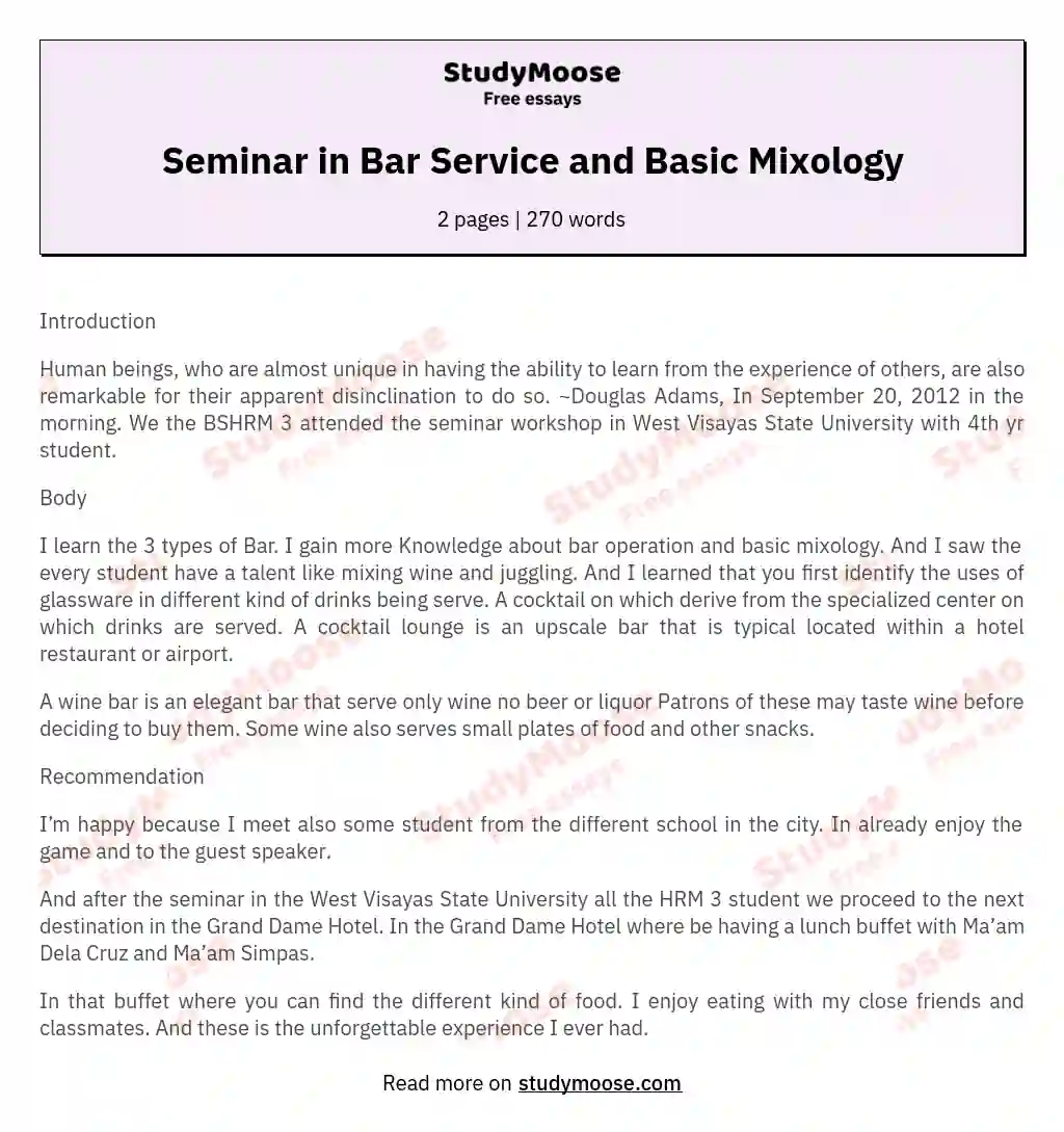 Seminar in Bar Service and Basic Mixology