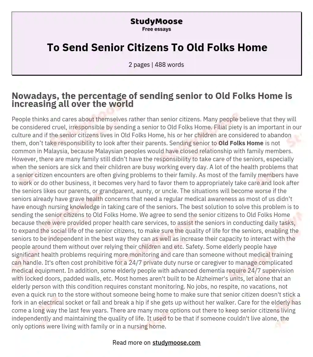 To Send Senior Citizens To Old Folks Home essay