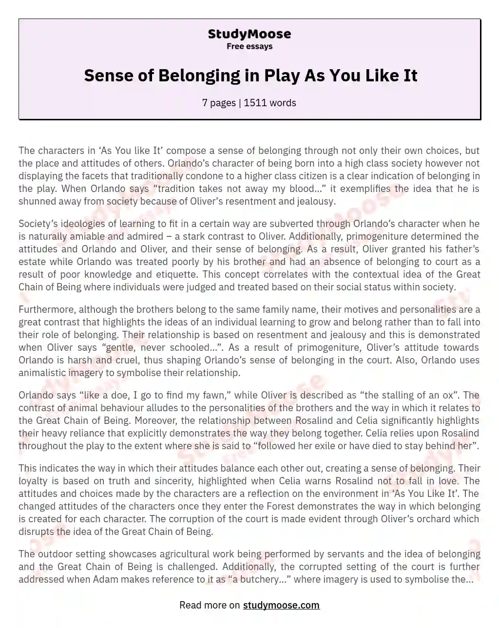 Sense of Belonging in Play As You Like It