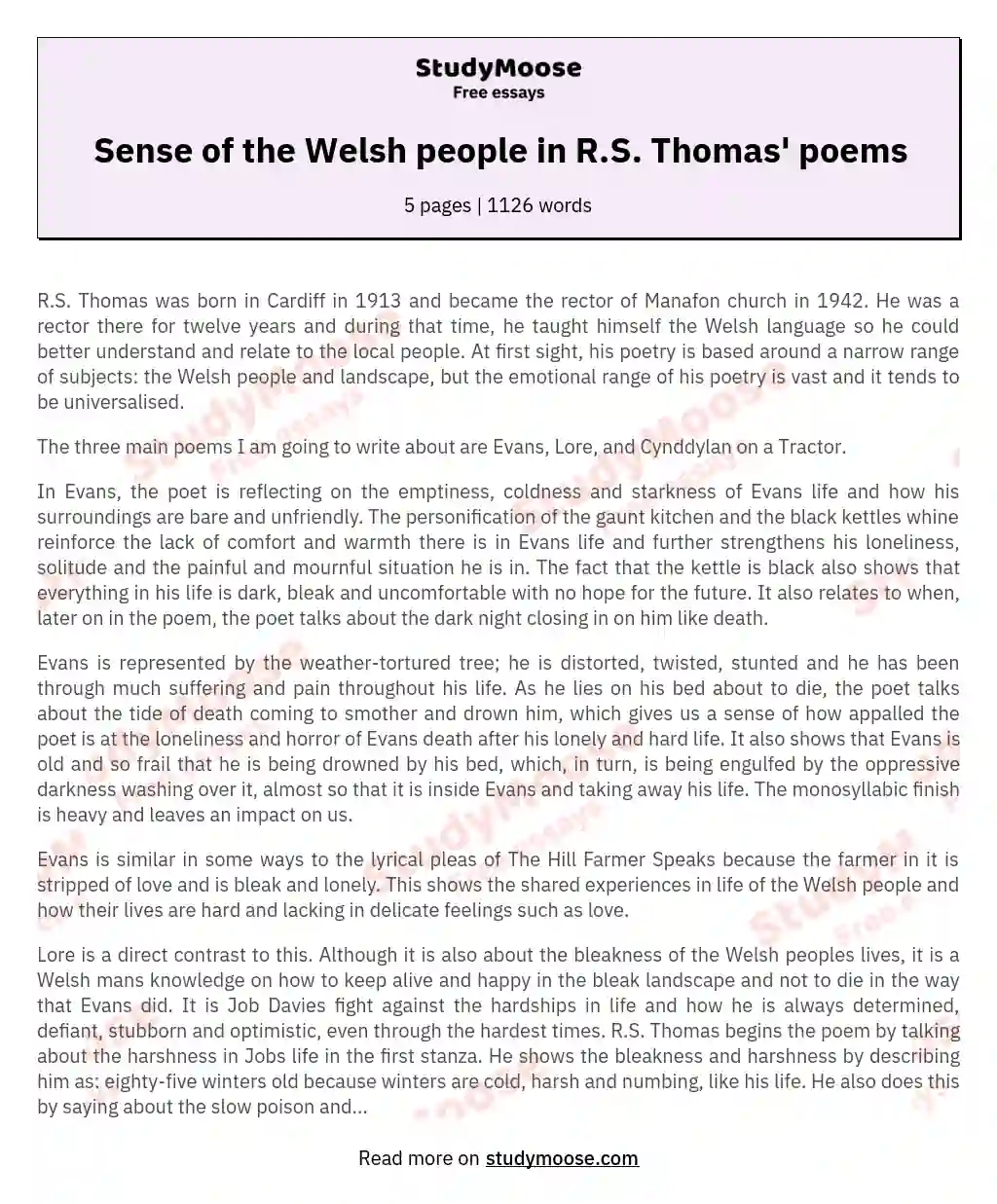 Sense of the Welsh people in R.S. Thomas' poems essay