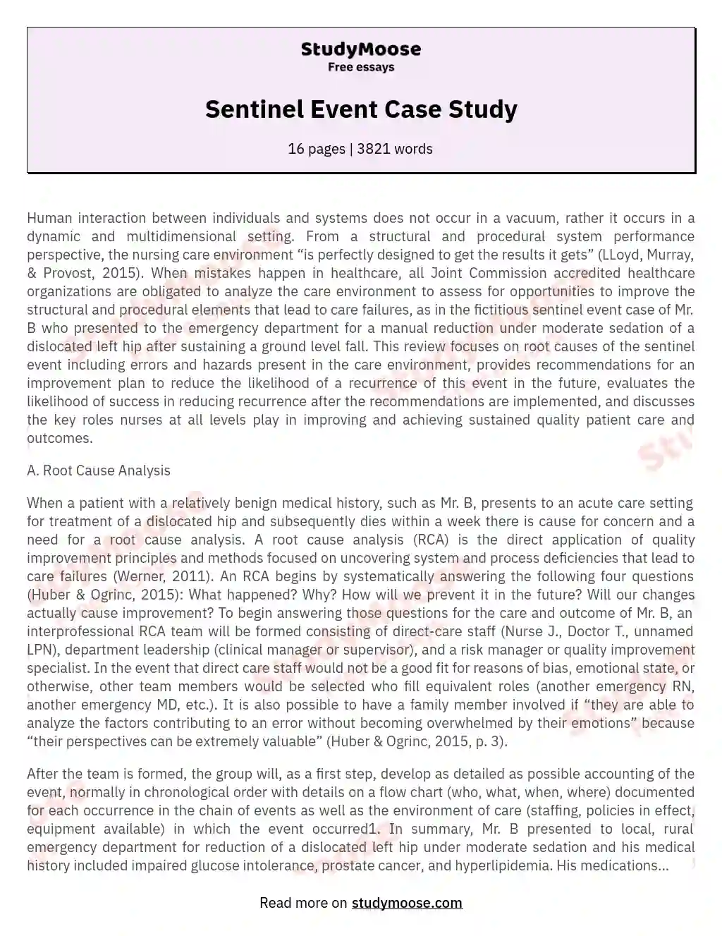 Sentinel Event Case Study essay