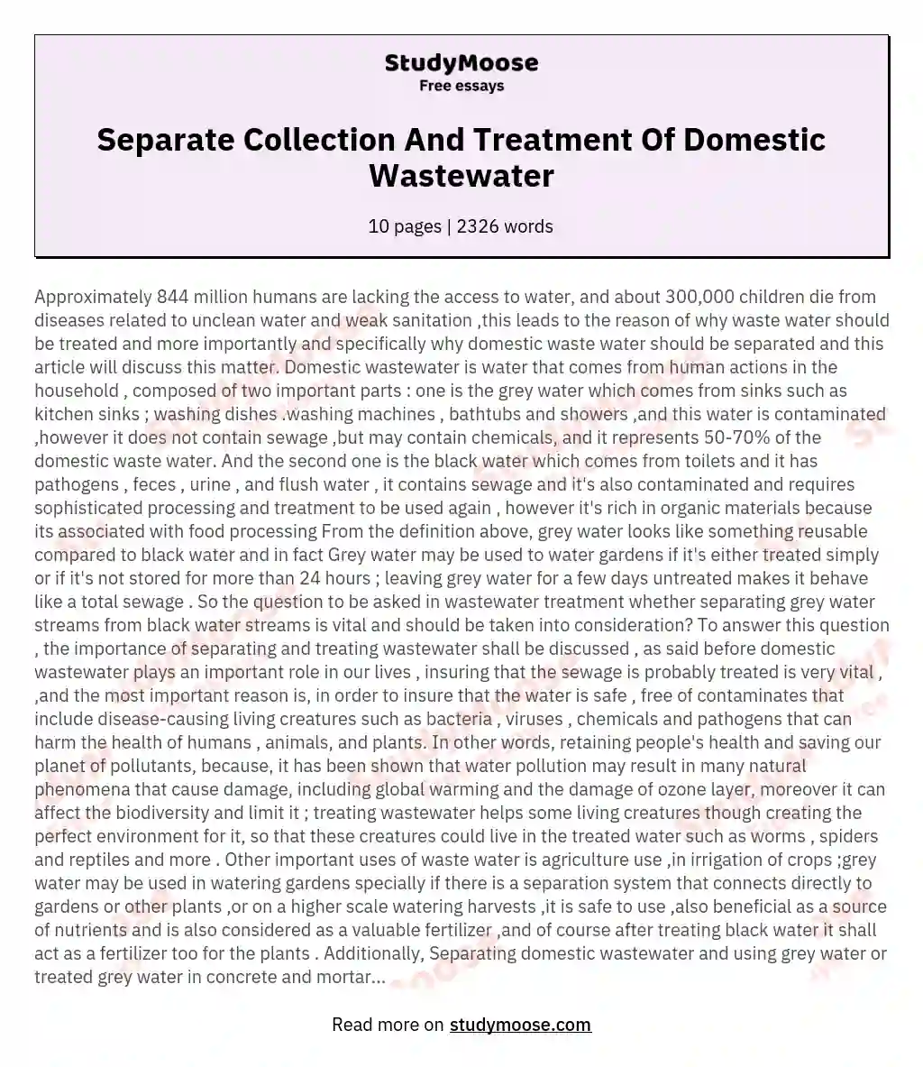 Separate Collection And Treatment Of Domestic Wastewater essay
