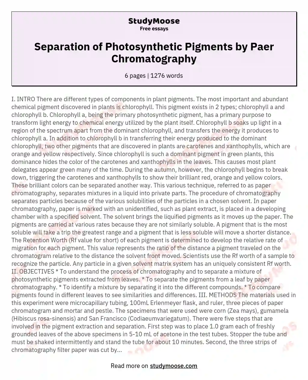 Separation of Photosynthetic Pigments by Paer Chromatography