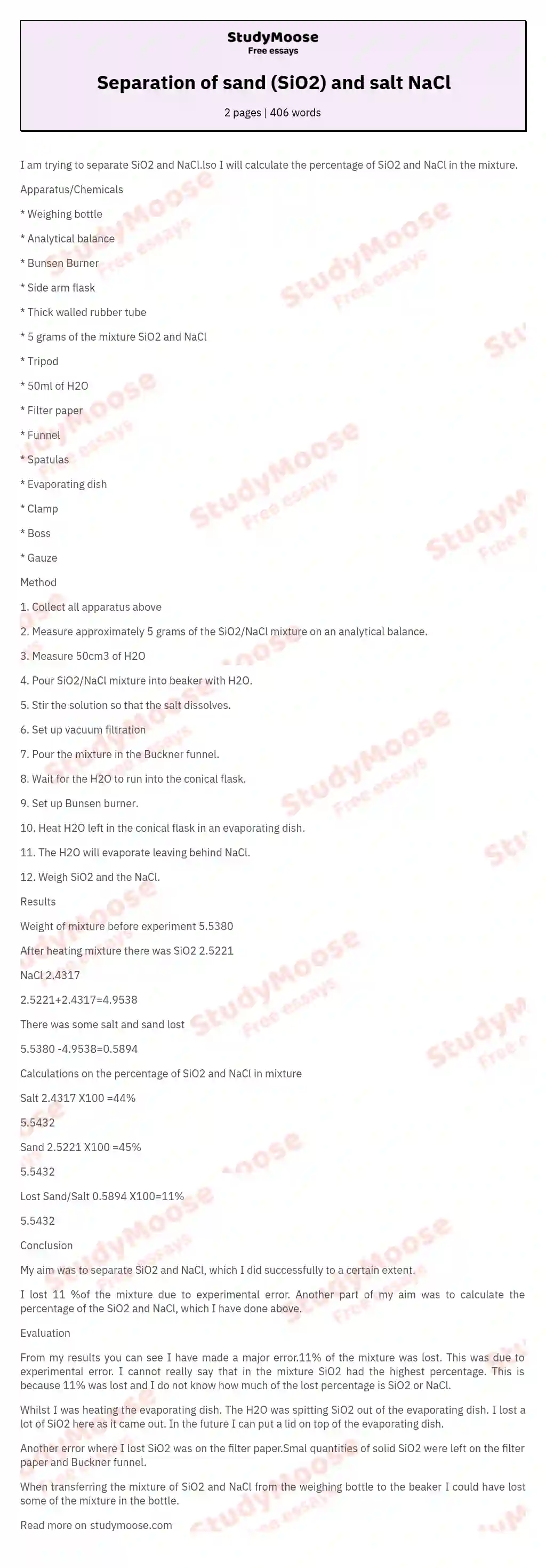 Separation of sand (SiO2) and salt NaCl essay