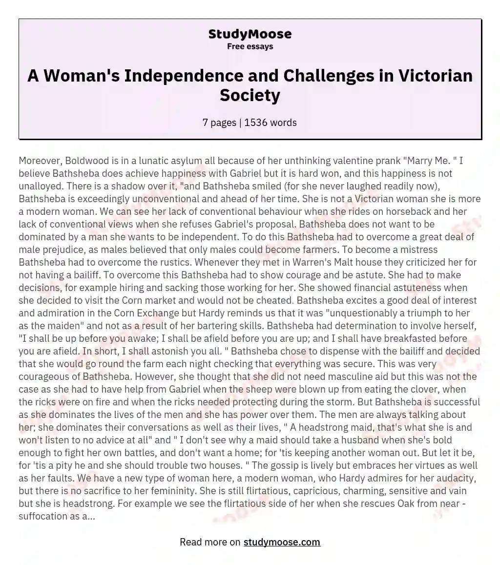 A Woman's Independence and Challenges in Victorian Society essay