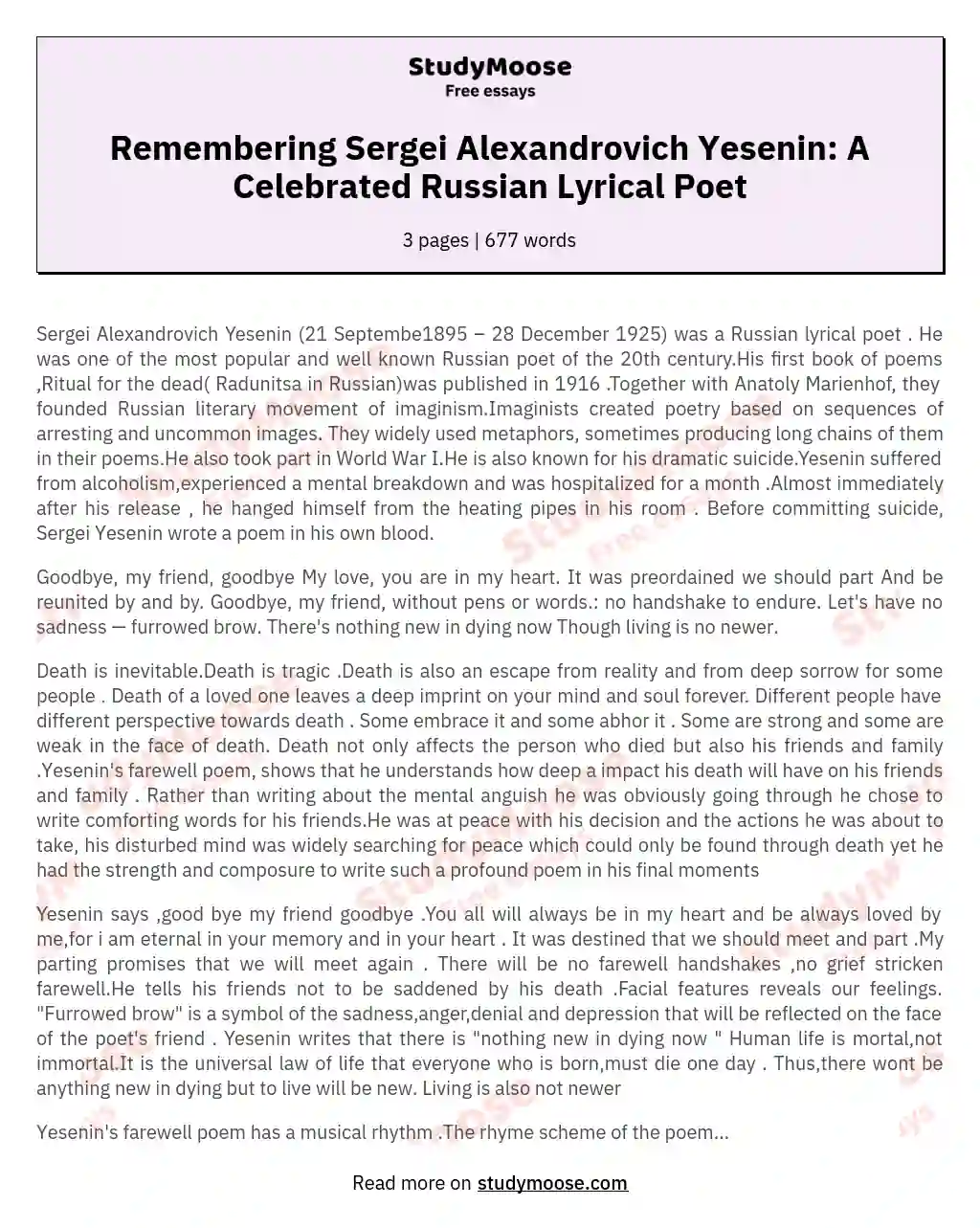 Remembering Sergei Alexandrovich Yesenin: A Celebrated Russian Lyrical Poet essay