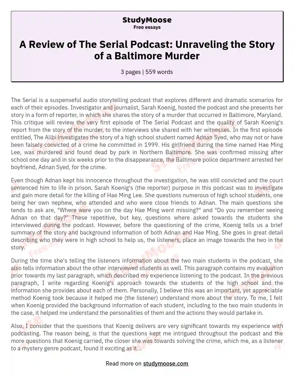 A Review of The Serial Podcast: Unraveling the Story of a Baltimore Murder essay